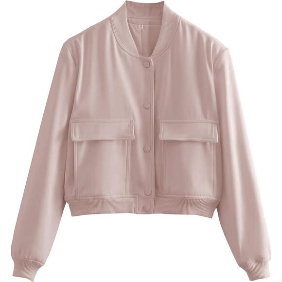 Women Pink Cropped Bomber Jacket Button Down Varsity Shacket with Pockets - Picture 4 of 4